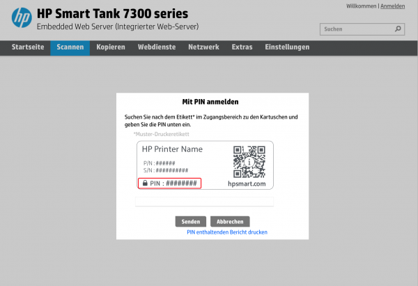 HP Smart Tank 7305 Webserver: PIN Abfrage Scannen bei gesperrten Funktionen