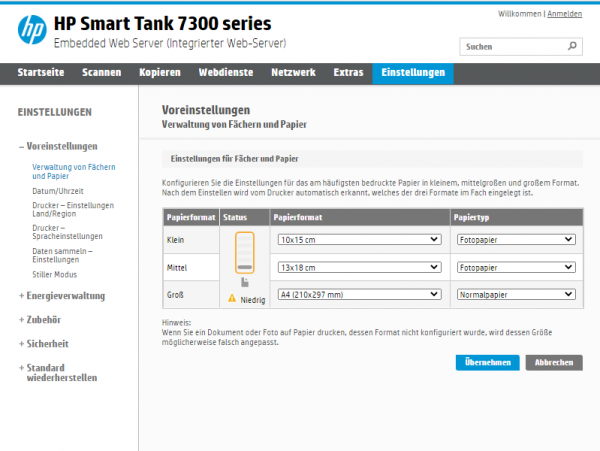 HP Smart Tank 7305 Webserver: Einstellungen für Papiere. Diese werden je nach Druckjob erkannt und verwendet.