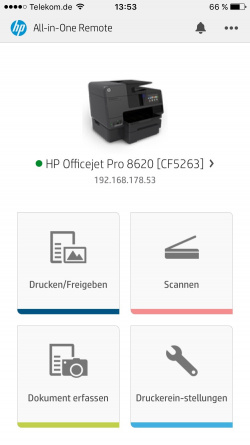 HP All-in-One-Remote: Druckt Dokumente und Fotos vom Handy, Scannt direkt auf das Handy, Fotografiert Fotos und wandelt sie in PDF-Text-Dokumente um und verwaltet die Druckereinstellungen