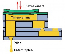 Piezodruck: Der Piezokristall drückt auf eine Membran, die einen Tintentropfen aus der Düse schleudert.