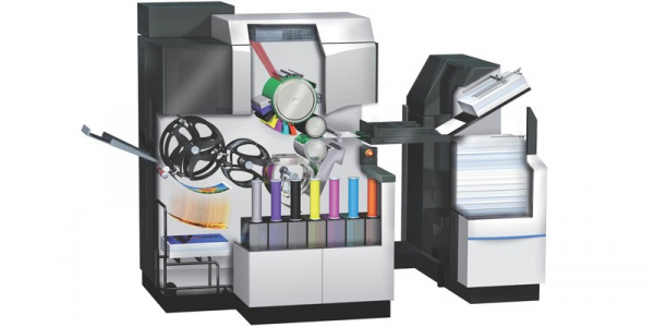HP Indigo: Can print with up to seven colors, uses a toner dispersed in a transfer liquid .
