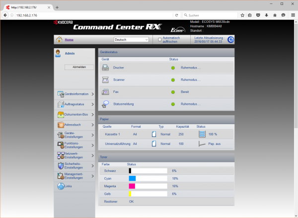 Kyocera Ecosys M6530cdn Webserver: Startbildschirm mit einer Übersicht über Tonerstatus, Gerätestatus und Papier.