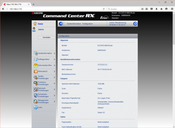 Dynamisch: An der URL ist sichtbar, dass der Kyocera-Webserver im Gegensatz zum Brother-Webserver keine statische Webseite ist. Hier sieht man grundlegende Geräteinfos.