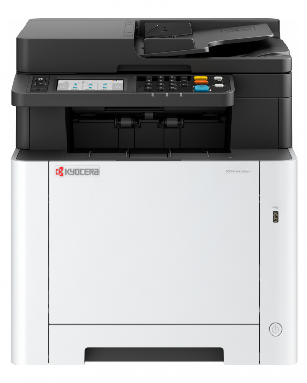 Kyocera Ecosys MA2600cwfx: Farblaser der gehobenen Einstiegsklasse mit 26 ipm. Neuerungen gibt es beim ADF-Aufsatz mit Dual-Duplex und einem neu gestalteten Bedienpanel. Der sonst baugleichen Variante MA2600cfx fehlt lediglich das WLAN-Modul.