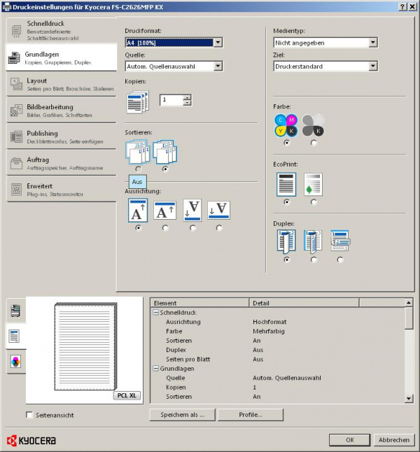 Basiseinstellungen: Hier befinden sich die wichtigsten Grundeinstellungen für Papier, Layout und Farbe. Für viele Anwender ist das die einzige Registerkarte.