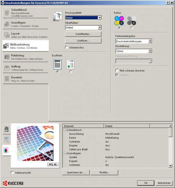 Bildbearbeitung: Neben den allgemeinen Farbeinstellungen befindet sich hier auch die Tonersparfunktion.