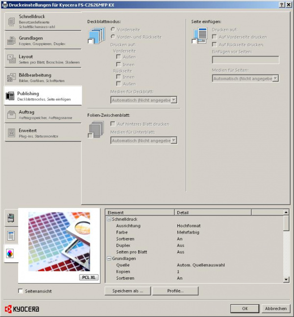 Publishing: Hier kann der Anwender Deckblätter und Zwischenblätter für den Druckjob definieren.