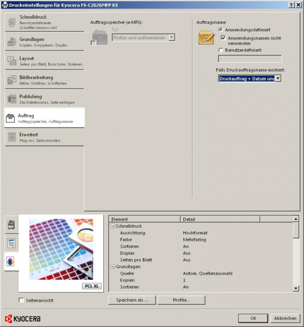 Aufträge: Der Auftragsspeicher für den geschützten Druck lässt sich mit der Maschine nur nutzen, wenn eine optionale Speichererweiterung installiert wurde.