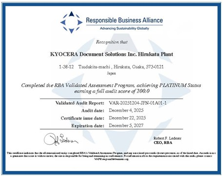 Kyocera - Hirakata Plant - Platin Zertifikat - RBA 12/2025-12/2017