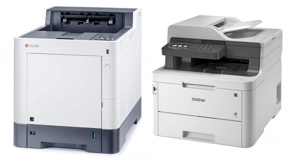 Gewinner der Leserwahl 2018/19: Links der Farblaser Kyocera Ecosys P6235cdn, rechts das Multifunktionsgerät Brother MFC-L3770CDW.