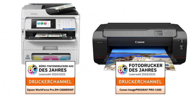 Gewinner, Tintendrucker: Epson Workforce Pro EM-C800RDWF und Canon Imageprograf Pro-1100.