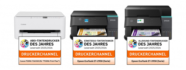 Preisträger Tintendrucker: Canon PIXMA TS6550i (mit Tintenabo "PIXMA Print Plan"), Epson EcoTank ET-2950 und EcoTank ET-3950.