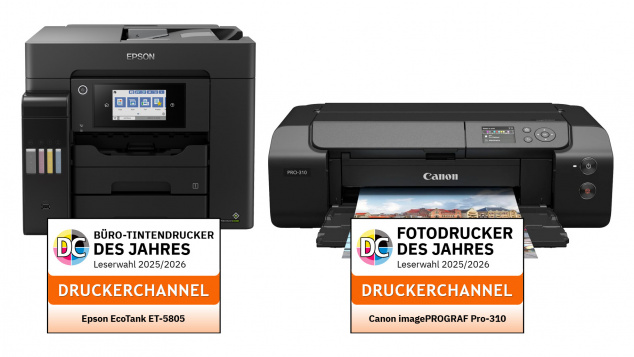 Preisträger Tintendrucker: Epson EcoTank ET-5805 und Canon imagePROGRAF Pro-310.