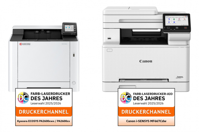 Preisträger Farblaser: Kyocera ECOSYS PA2600cwx/PA2600cw und Canon i-SENSYS MF667Cdw.