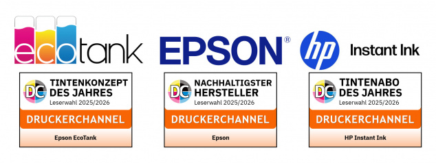 Preisträger Ökonomie und Ökologie: Epson Ecotank (Tintentank), Epson und HP Instant Ink (Tintenabo).