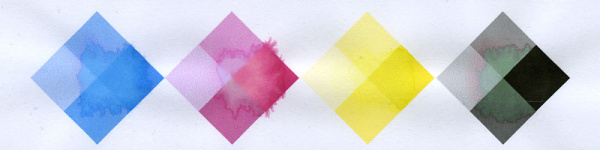 Lexmark Pro805/Pro905: Alle Farben (Dye-Tinten) verlaufen. Nur die Schwarztinte (Pigmenttinte, Raute ganz rechts) verläuft nicht.