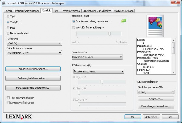 Qualität: Alle Einstellungen zu Farbe und Druckqualität. Ungewöhnlich: Nur im Farbmodus lässt sich Toner einsparen. Alternativ lässt sich aber manuell der Tonerauftrag so weit einstellen, um den selben Effekt zu erreichen.