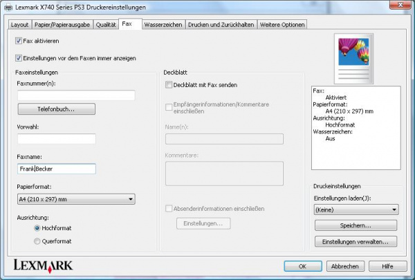 Fax: Auch Faxfunktionen sind im Druckertreiber vorhanden. Hier kann der Nutzer ein Deckblatt für die Faxnachricht einrichten.