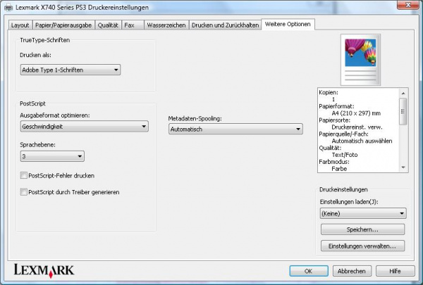 Optionen: In den erweiterten Druckeinstellungen lassen sich häufig genutzte Schriftarten laden.