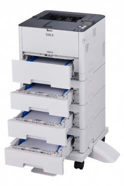 Oki B513dn: In Vollausstattung, also mit drei Zusatzkassetten, und der Universalzuführung können bis zu 1.940 Blatt verstaut werden. Beim B433 ist die Standardkassette 250 Blatt "kleiner".