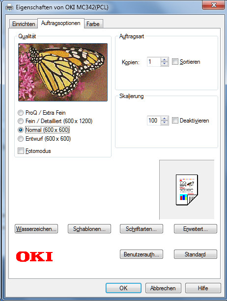 Oki MC342dnw Druckertreiber 2 Auftragsoptionen