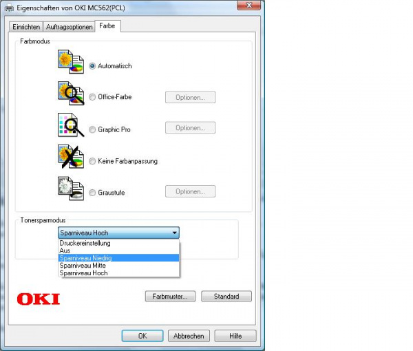 Tonersparmodus: mit unterschiedlichen Druckprofilen lässt sich der Tonerauftrag im Druck regulieren.