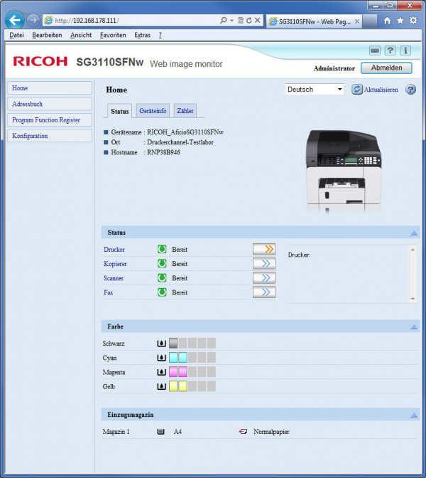 Ricoh Aficio SG 3110SFNw: Webserver - Startseite.