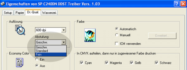 Abstufung wählen: Erhöht die Auflösung mit "Fein" auf 2.400 dpi.