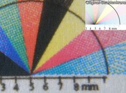Grafikdruck: Leichter Moire-Fehler, homogene Farbflächen und satter Graudruck.