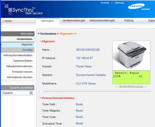 Webserver des Samsung CLX-3175FW: Einfache Bedienung aber weniger Einstellmöglichkeiten als beim HP.