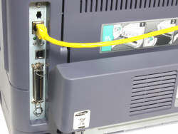 Anschlussfreudig: Oben Netzwerk, Mitte USB, unten Parallel-Port.