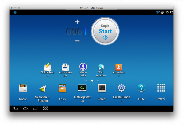 Startoberfläche: Auf dem Homescreen des Bildschirms sind die wichtigsten Apps zum Kopieren und Scannen untergebracht.