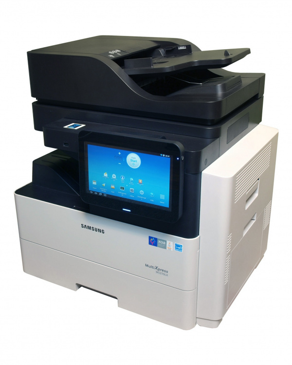 Samsung Multixpress M5370LX: Das Multifunktionsgerät steuert man über ein Samsung-Tablet, das jedoch fest mit dem MFP verbunden ist.