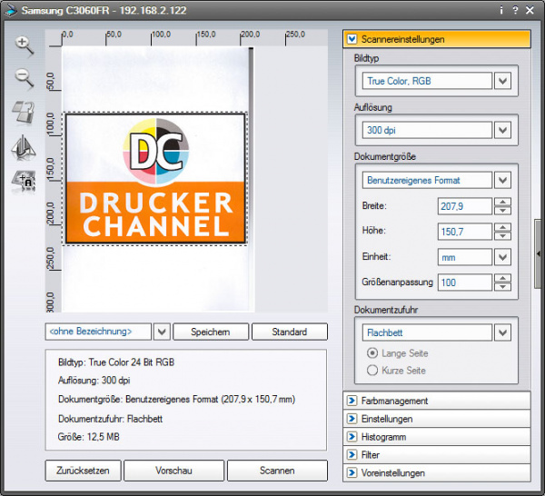Samsung Proxpress C3060FR: Übersichtliche und viele Einstellungsmöglichkeiten. Links zu sehen: Automatische Bereichserkennung.
