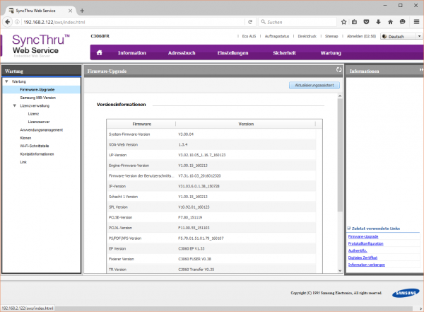 Wartung: Admins können die Firmware aktualisieren und auch Programme im Druckmenü installieren oder entfernen. Die optionale WiFi-Schnittstelle kann der Admin hier nachträglich einstellen.