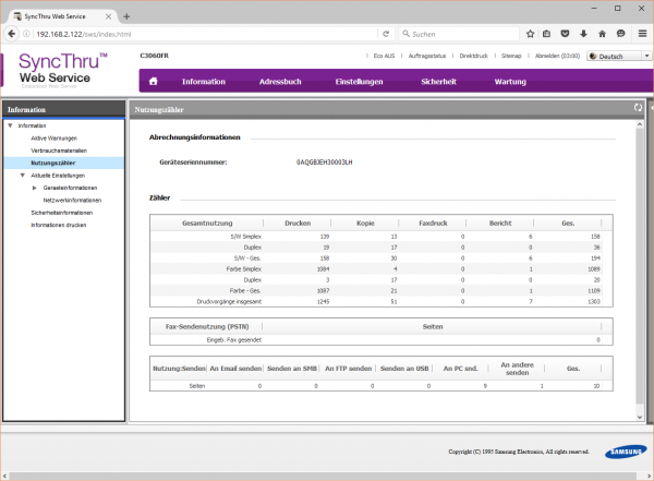 Nutzungszähler: Detaillierte Infos über gedruckte, gescannte und kopierte Dokumente und das Faxgerät.