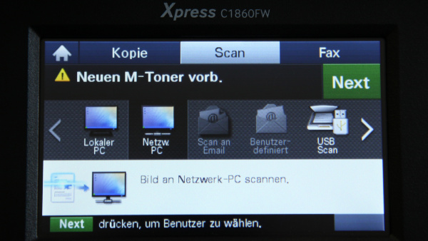 Samsung Xpress C1860FW: Vom Drucker aus kann man zwar an einen Netzwerk-PC scannen,...