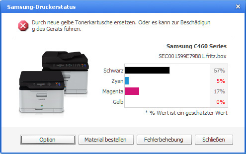 Samsung Xpress C460FW Screenshot Toner leer