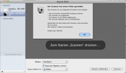 Moduswechsel nötig: Versucht man, einfach drauflos zu scannen (hier mit der Mac-App "Digitale Bilder"), erhält man folgende Fehlermeldung. Sie soll den Nutzer darauf hinweisen, dass das Gerät noch nicht in den Scanmodus geschaltet wurde. Ich finde die Fehlermeldung nicht klar genug.