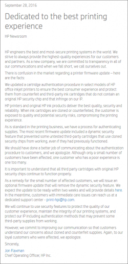 28.9.2016: HP versucht sich zu erklären und will ein Patch für die Rücknahme der Maßname anbieten.
