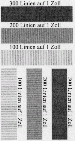 200 Linien pro Zoll annehmbar: Der zweite Balken mit 200 Linien auf 1 Zoll ist noch annehmbar scharf gedruckt, während die erste Fläche mit 300 Linien schon durchgehend schwarz erscheint.