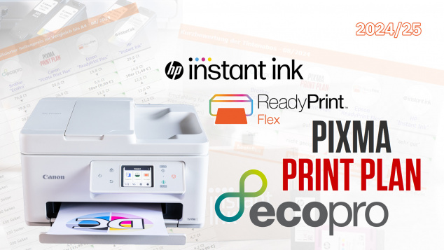 Vergleich: Tintenabos für Drucker von Brother (EcoPro), Canon (Pixma Print Plan), Epson (ReadyPrint Flex) und HP (Instant Ink).