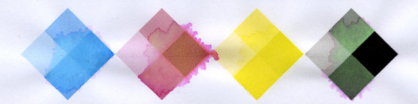 KMP-Patronen: Die Farben bestehen aus Dye-Tinte und verlaufen. Textschwarz (kleine Raute ganz rechts) ist pigmentiert und verläuft nicht.