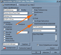 Farbmanagement: Einstellungen im Druckertreiber.