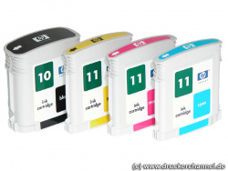 Vier separate Tintentanks mit 69 ml und 28 ml je Farbe.
