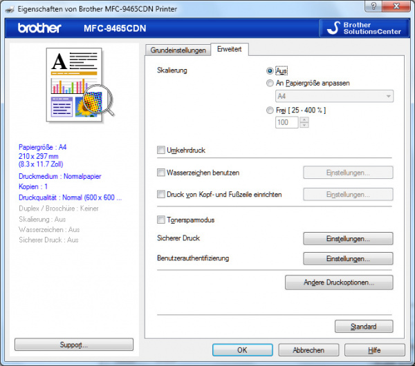 Register "Erweitert": Hier findet man den Tonersparmodus, Wasserzeichen und "Sicherer Druck".