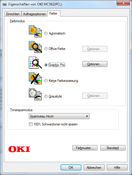 Farbe: Tonersparmodus und Farboptionen.