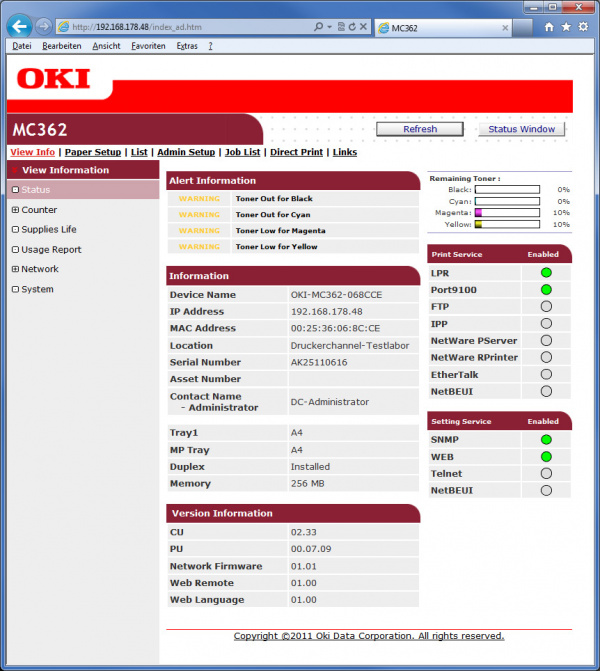 Webserver: Oki MC362dn.