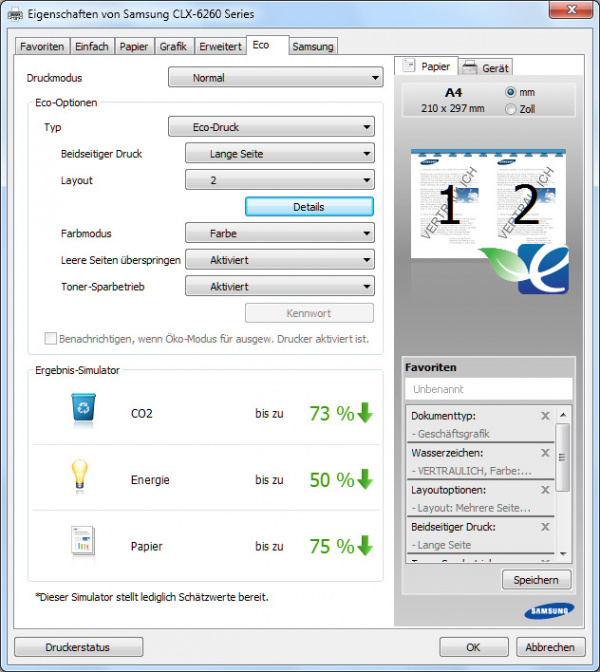 Eco: Einstellung des Eco-Modus (Duplex+Handhout+Tonersparmodus).