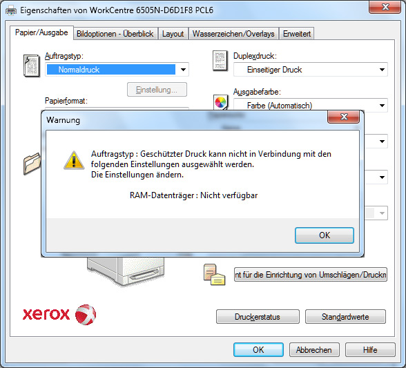 Secure Print: Die Fehlermeldung weist darauf hin, dass man zusätzlichen Speicher installieren muss.
